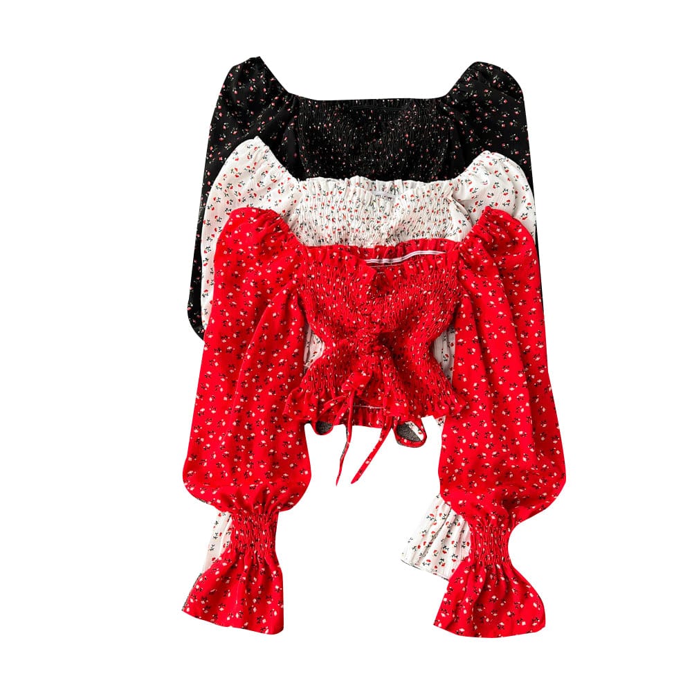 Off-shoulder sexy floral agaric edge chiffon shirt Women's spring and summer sweet bubble sleeve short top