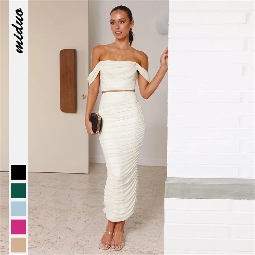 Off shoulder Stretchy Two piece ruffle women lady elegant maxi skirt set white party dresses