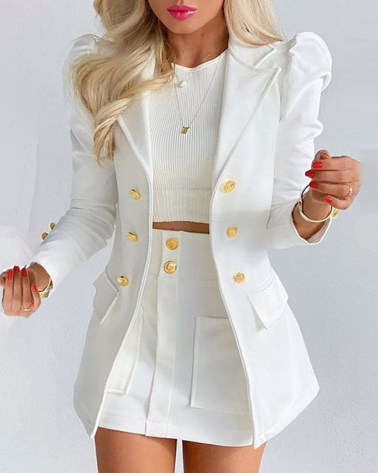 Office ladies sets women new small suit long sleeve solid color top with mini skirt two piece set women's clothing