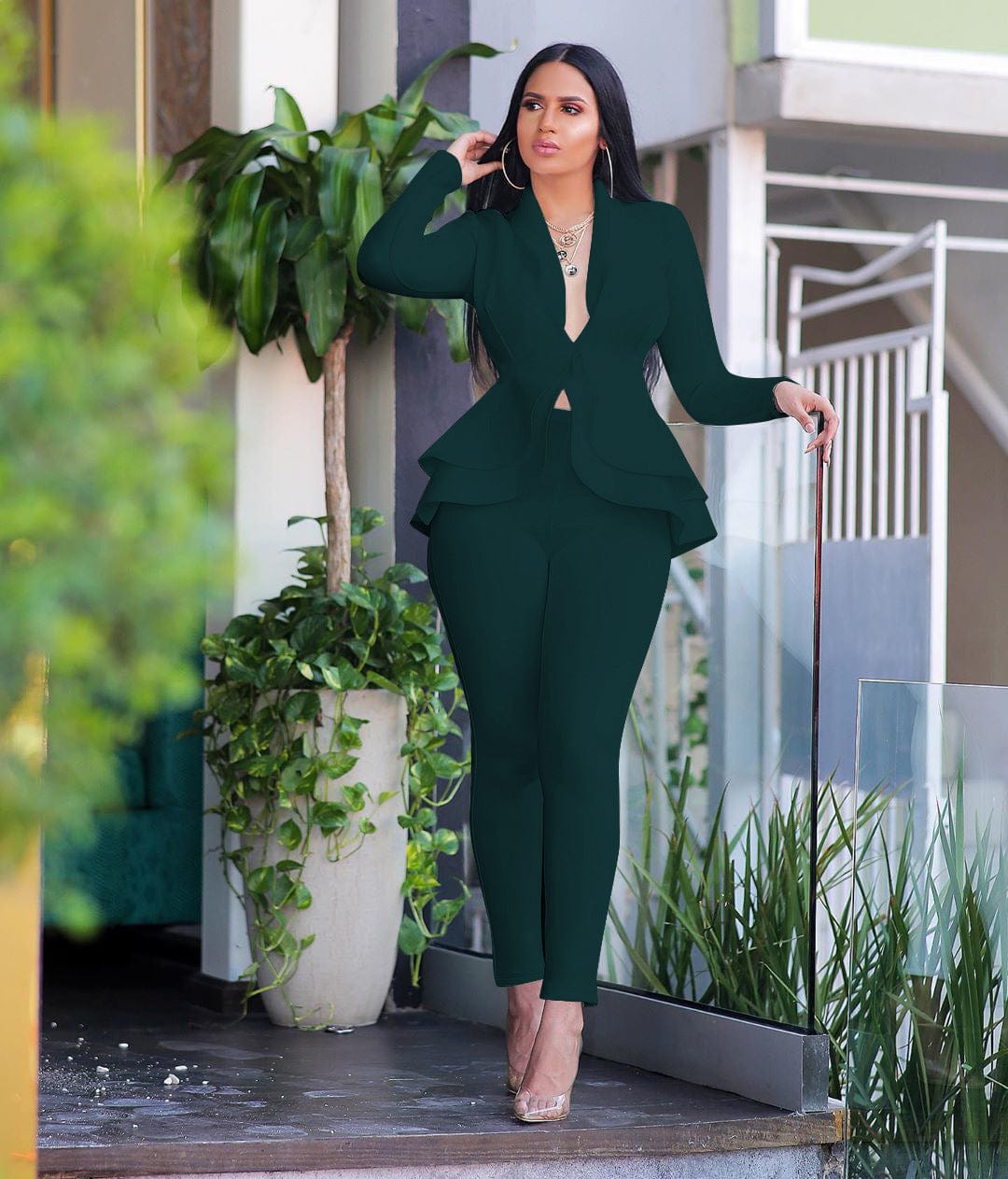 Office ladies sets women's new stylish ruffles air layer casual fashion uniform casual suit two piece women set clothing