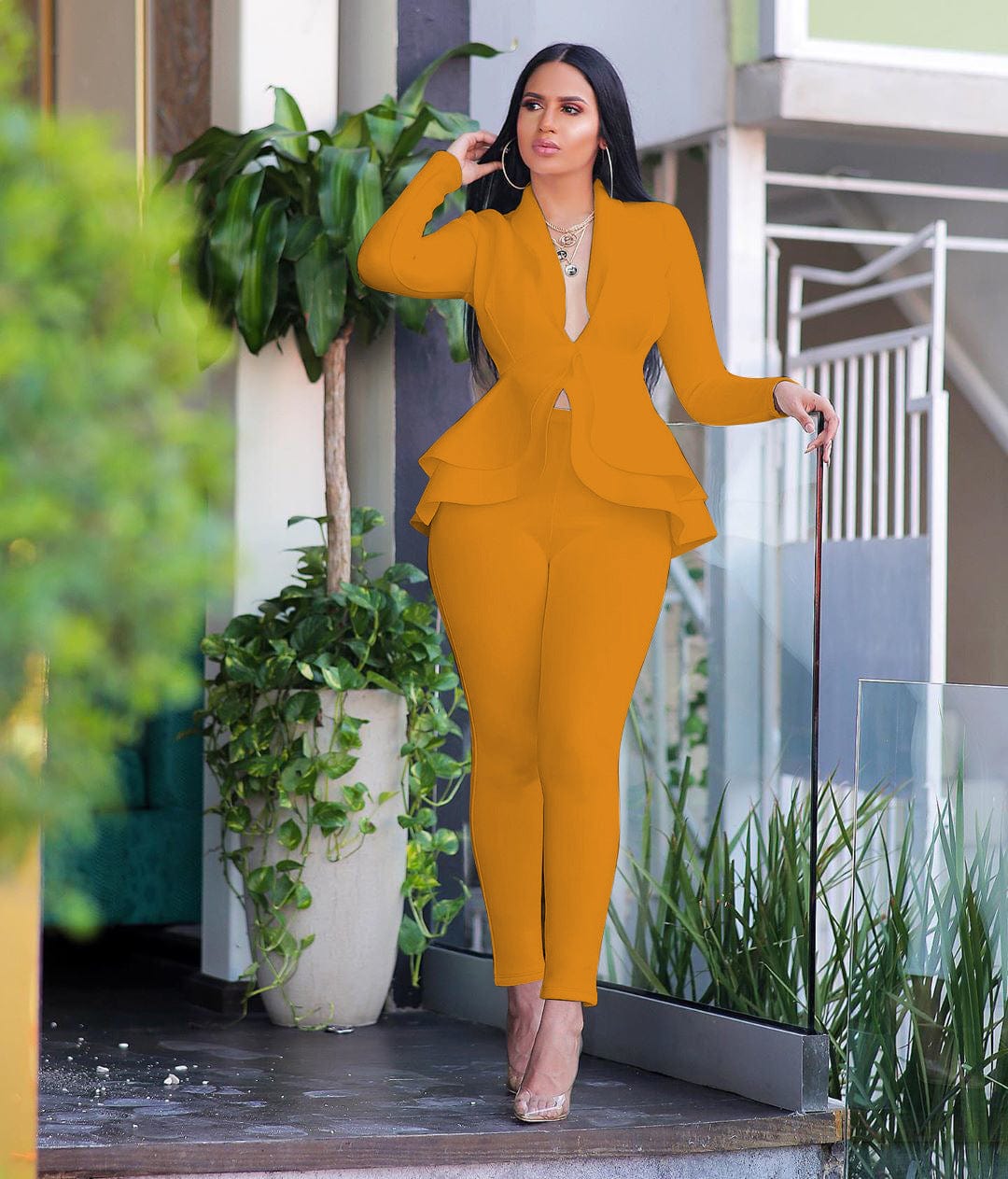 Office ladies sets women's new stylish ruffles air layer casual fashion uniform casual suit two piece women set clothing