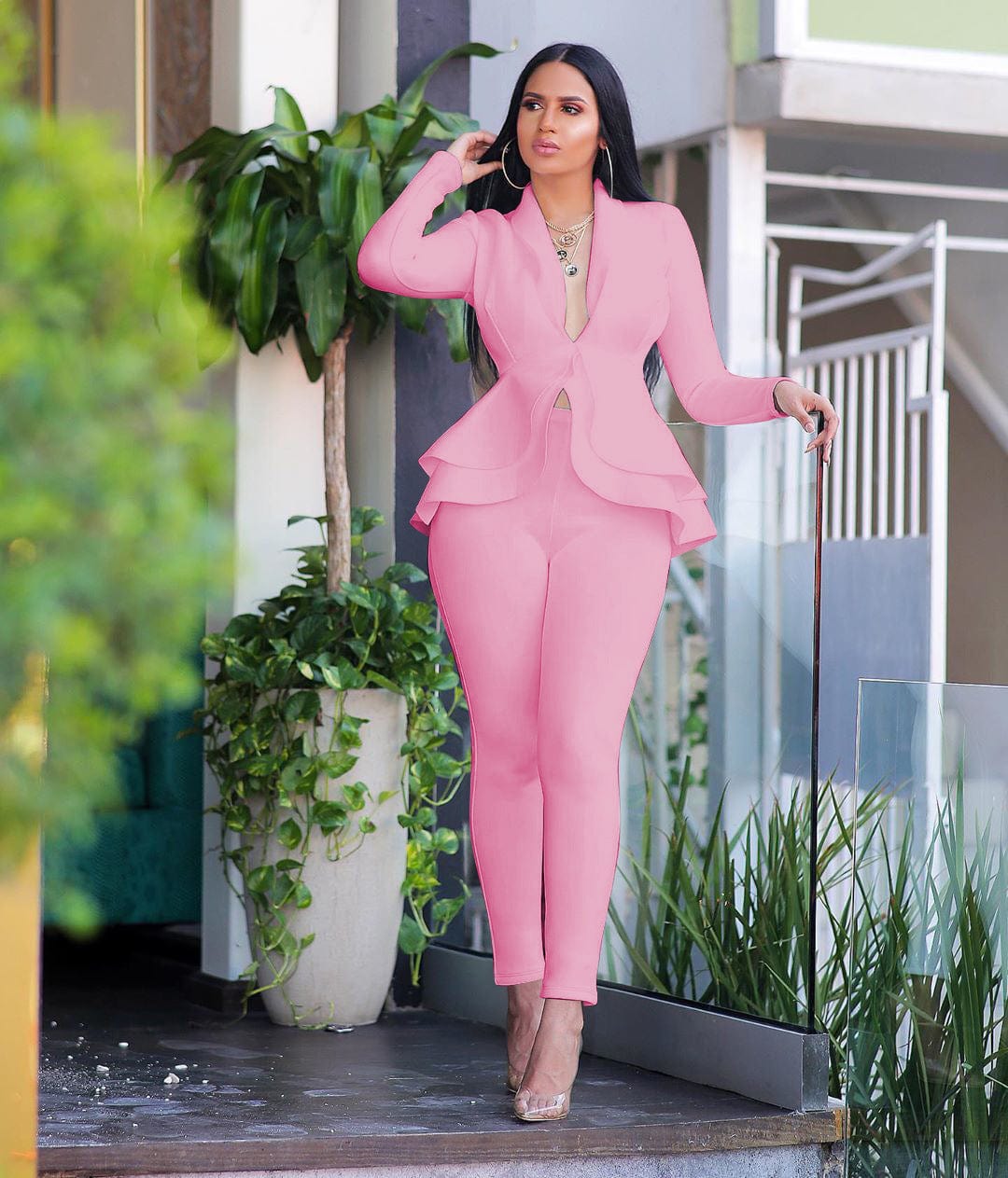 Office ladies sets women's new stylish ruffles air layer casual fashion uniform casual suit two piece women set clothing