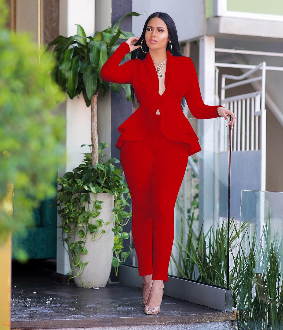 Office ladies sets women's new stylish ruffles air layer casual fashion uniform casual suit two piece women set clothing