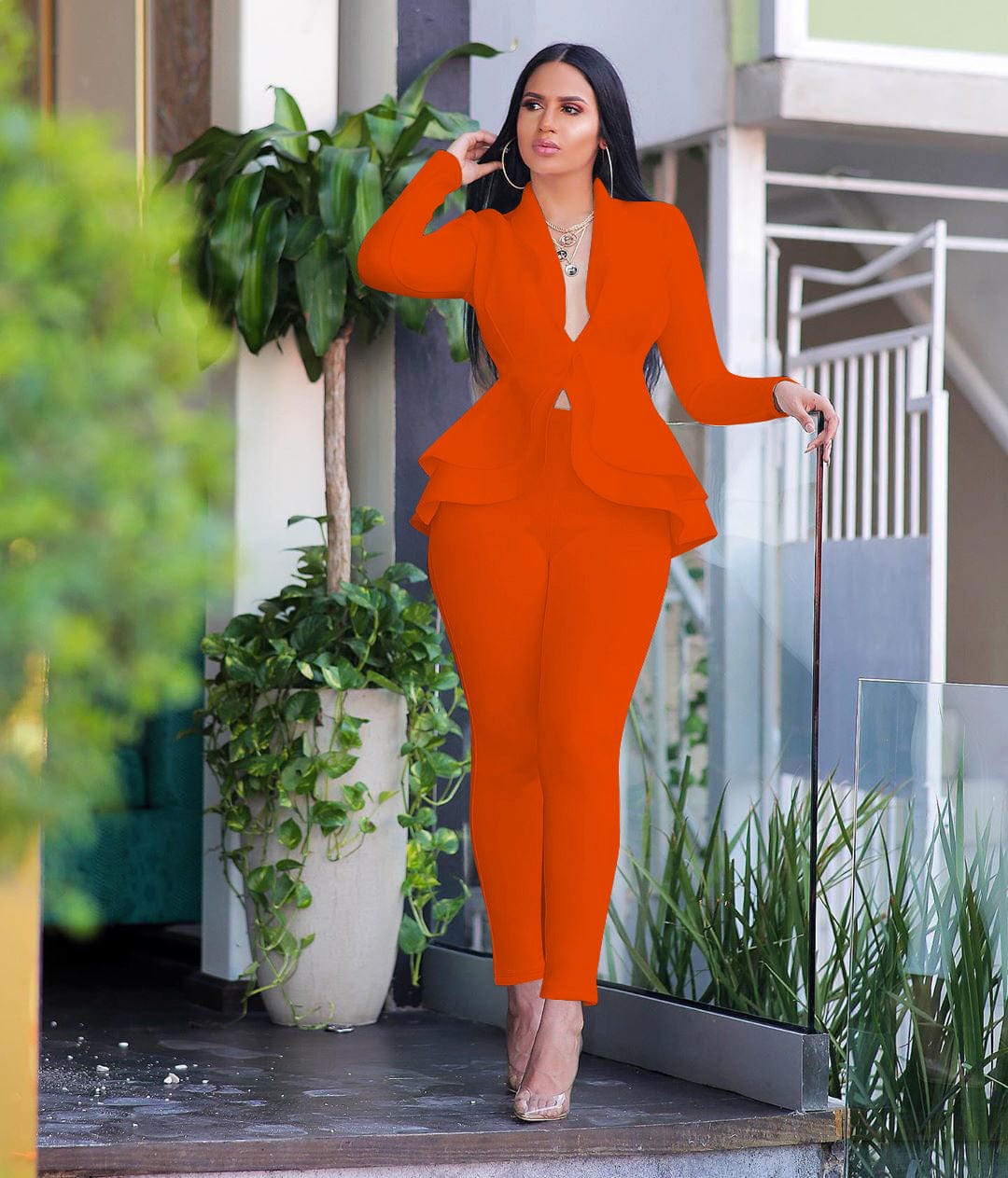 Office ladies sets women's new stylish ruffles air layer casual fashion uniform casual suit two piece women set clothing