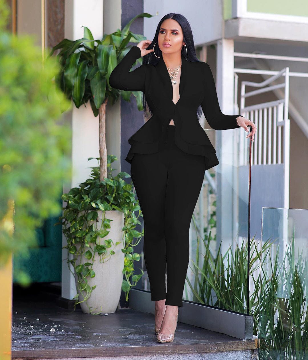 Office ladies sets women's new stylish ruffles air layer casual fashion uniform casual suit two piece women set clothing