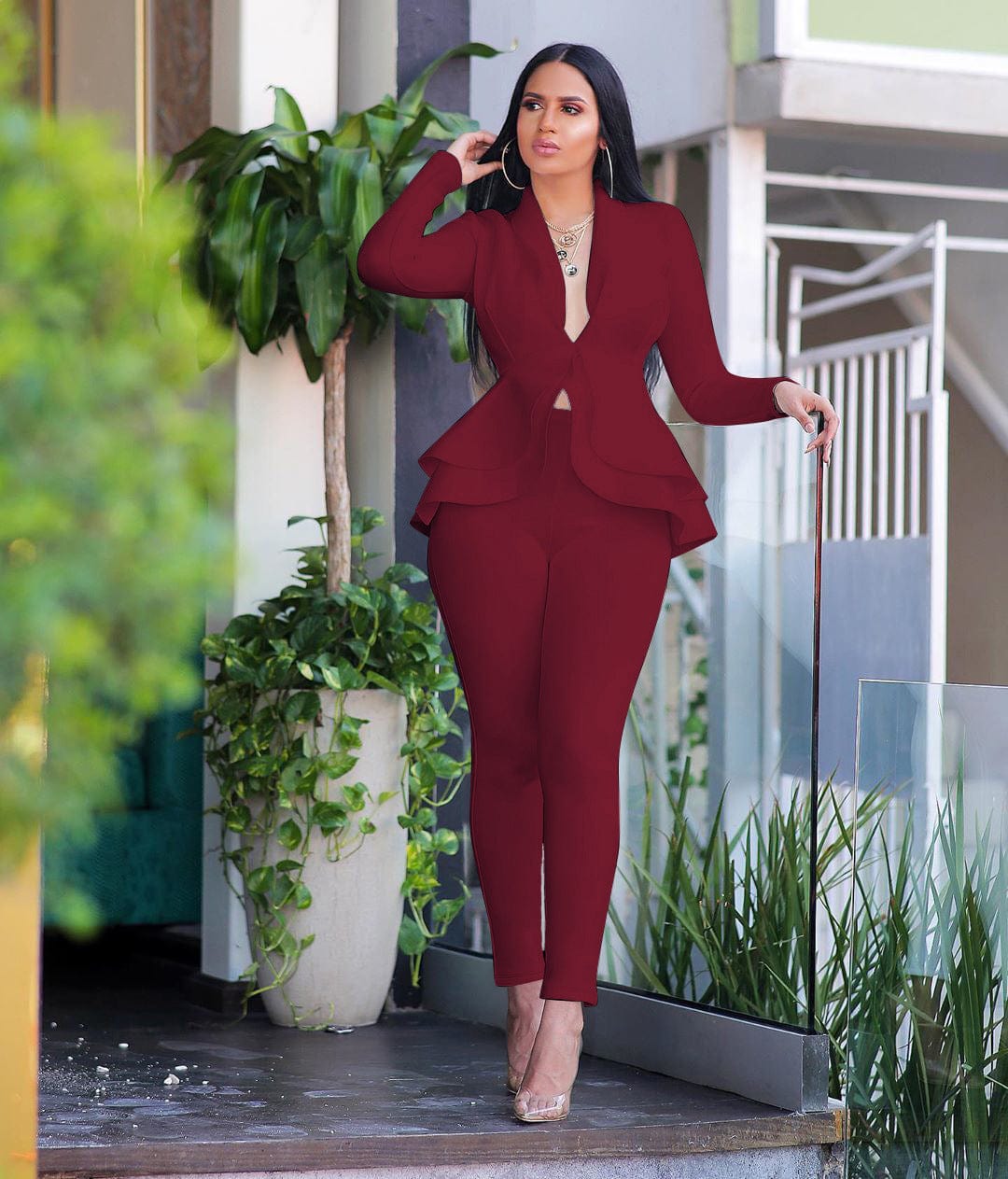 Office ladies sets women's new stylish ruffles air layer casual fashion uniform casual suit two piece women set clothing