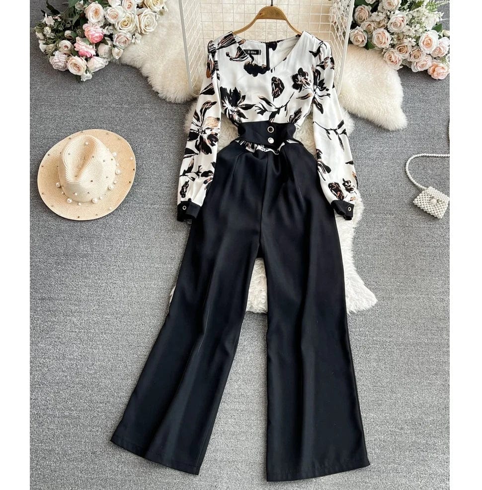 OL Professional Long Sleeve V-Neck Casual High Waist Straight Leg Wide Leg Pants Jumpsuit