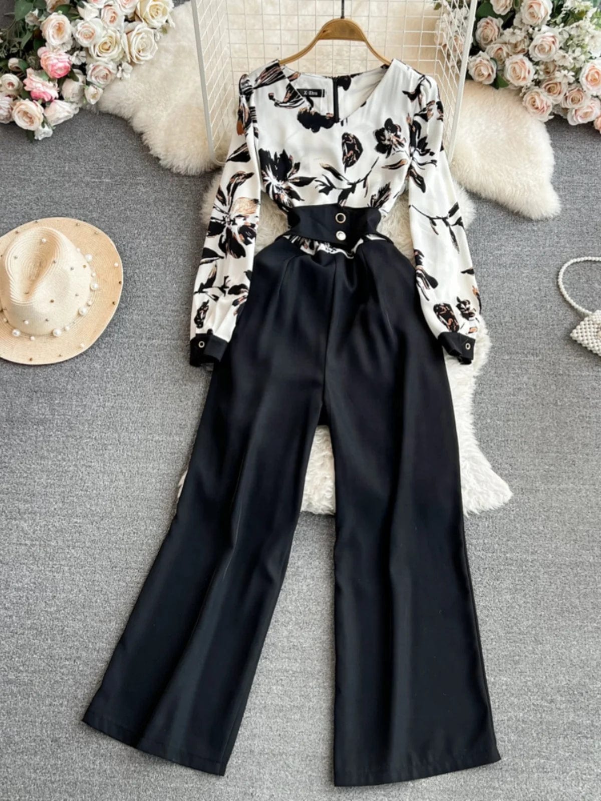OL Professional Long Sleeve V-Neck Casual High Waist Straight Leg Wide Leg Pants Jumpsuit