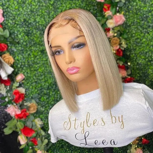 Ombre Ash Color Silky Straight Middle Part Pre-Plucked Short Bob Hair Transparent 13*4 Lace Front Wig