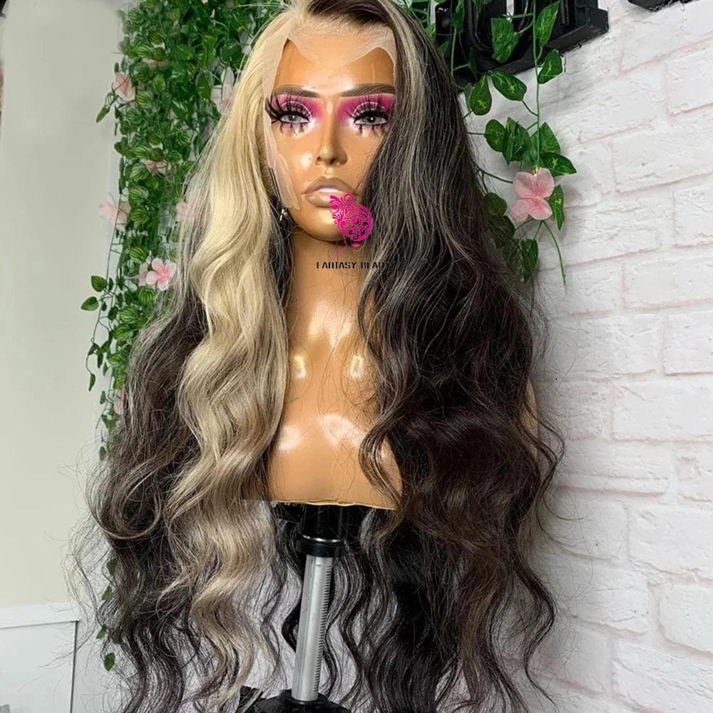 Ombre Body Wave Platinum Blonde Highlight Lace Front Human Hair Wigs Loose Deep Wave 613 Colored 13X4 HD Lace Frontal Wig