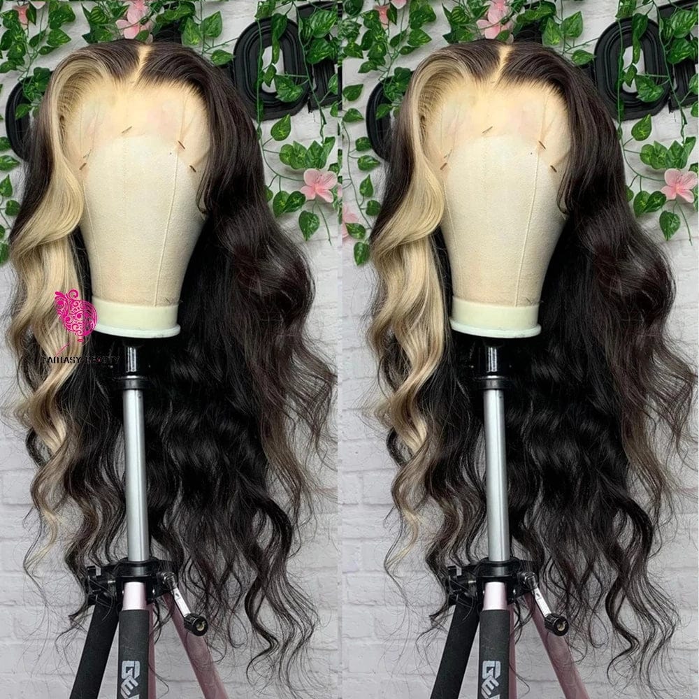 Ombre Body Wave Platinum Blonde Highlight Lace Front Human Hair Wigs Loose Deep Wave 613 Colored 13X4 HD Lace Frontal Wig