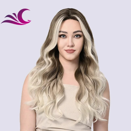 Ombre Brown Blonde Colored Highlight in Both Side Heat Friendly Silk Protein Synthetic Lace Front Wigs for White Women