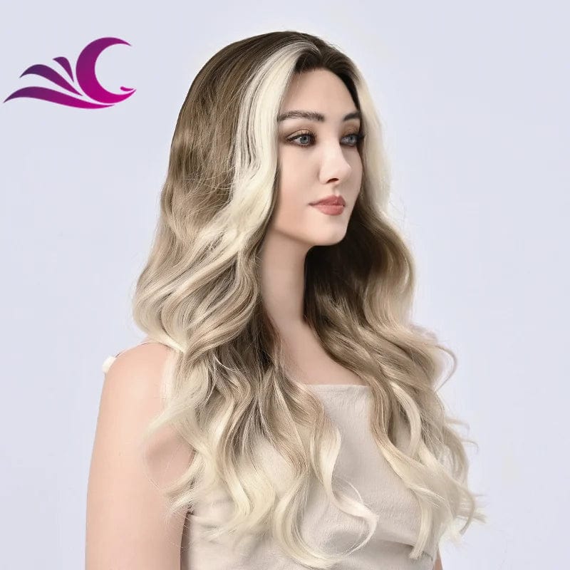 Ombre Brown Blonde Colored Highlight in Both Side Heat Friendly Silk Protein Synthetic Lace Front Wigs for White Women