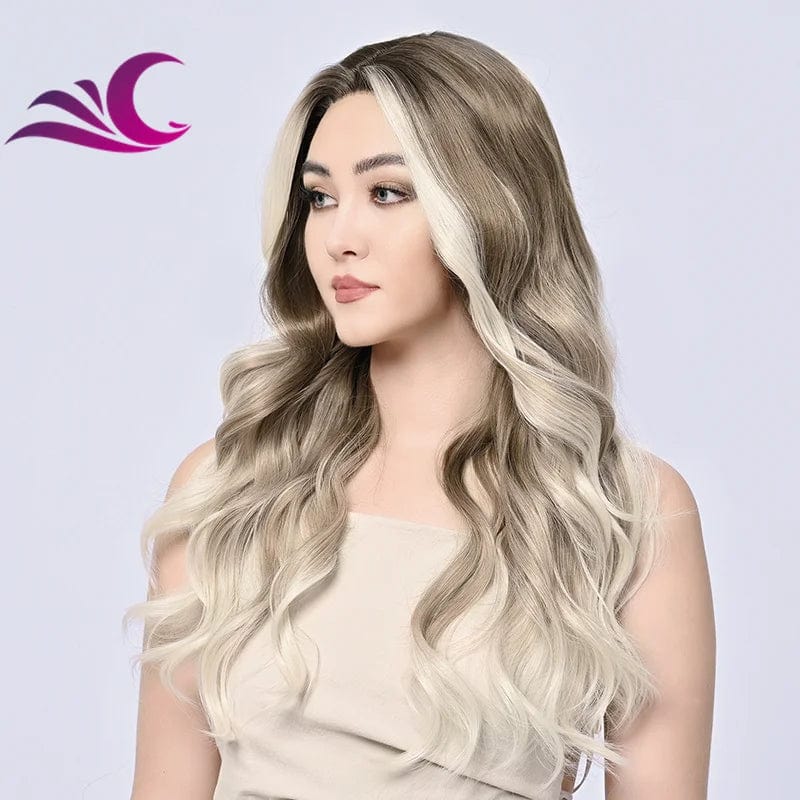 Ombre Brown Blonde Colored Highlight in Both Side Heat Friendly Silk Protein Synthetic Lace Front Wigs for White Women