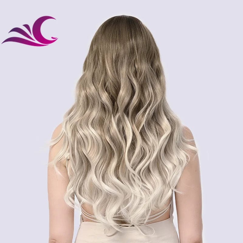 Ombre Brown Blonde Colored Highlight in Both Side Heat Friendly Silk Protein Synthetic Lace Front Wigs for White Women