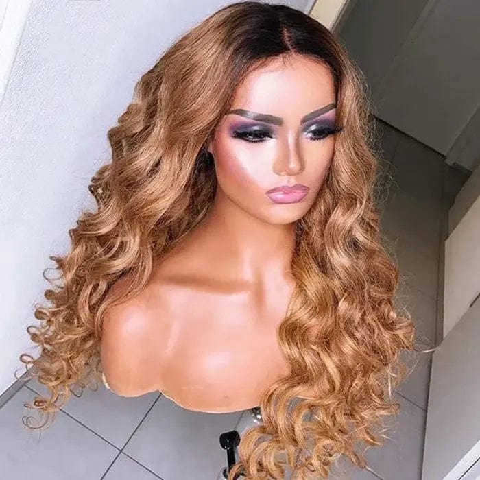 Ombre Brown Color Loose Wave Long Brazilian Middle Part Human Hair Wig Density 130%150%180% 13*6 Lace Front Wig