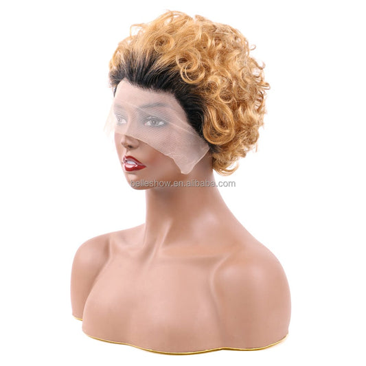 Ombre Honey Blonde Pixie Cut Bob Lace Frontal Human Hair Wigs Short Kinky Curly Colored Pre Plucked Woman Lace Front Bob 13x1