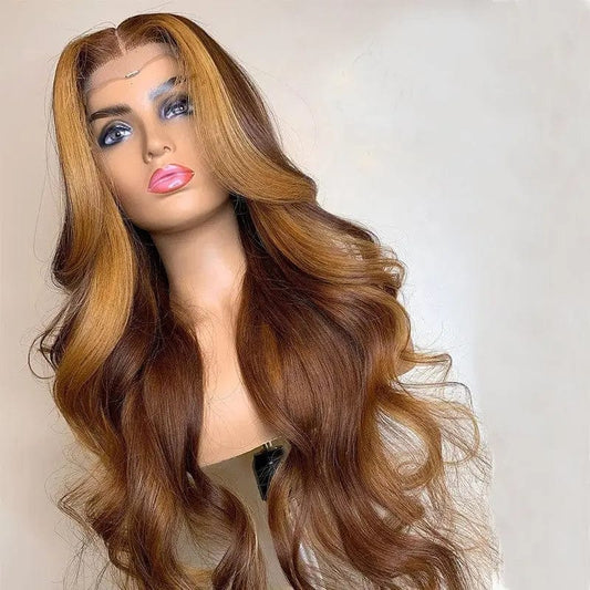 Ombre Honey Brown Color Highlight Body Wave Full Mink Pre Plucked Cuticle Aligned Human Hair Lace Front Wigs