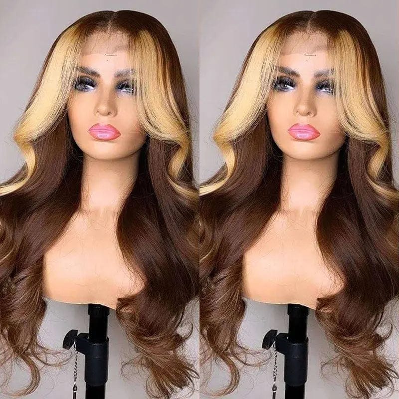 Ombre Honey Brown Color Highlight Body Wave Full Mink Pre Plucked Cuticle Aligned Human Hair Lace Front Wigs