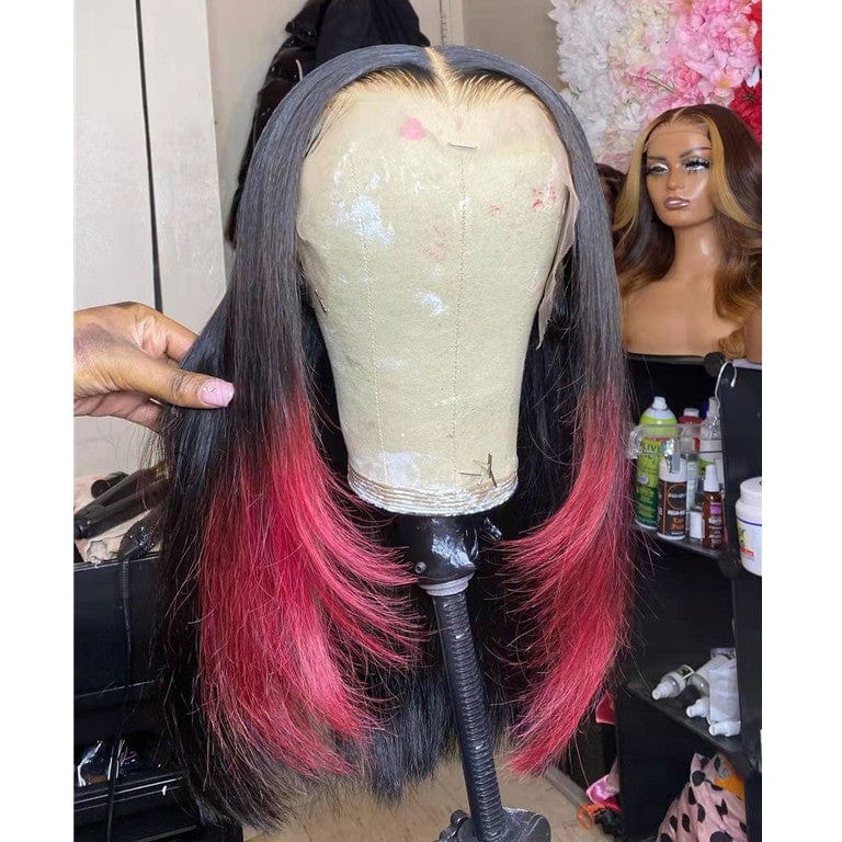 Ombre Red Color Bob Cuticle Aligned Human Hair Bleach Knots Transparent Lace Front Wigs