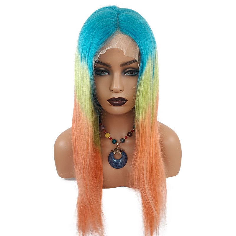 Ombre Wigs Human Hair Lace Front Blue Yellow Orange Rainbow Straight Frontal Lace Wig