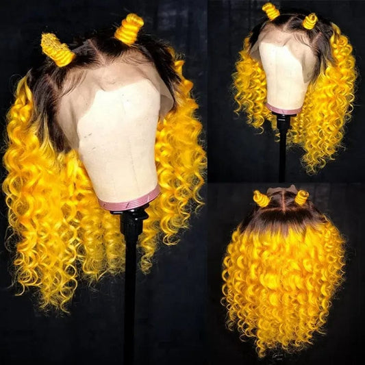 Ombre Yellow Red Blue Color Curly Bob Wigs