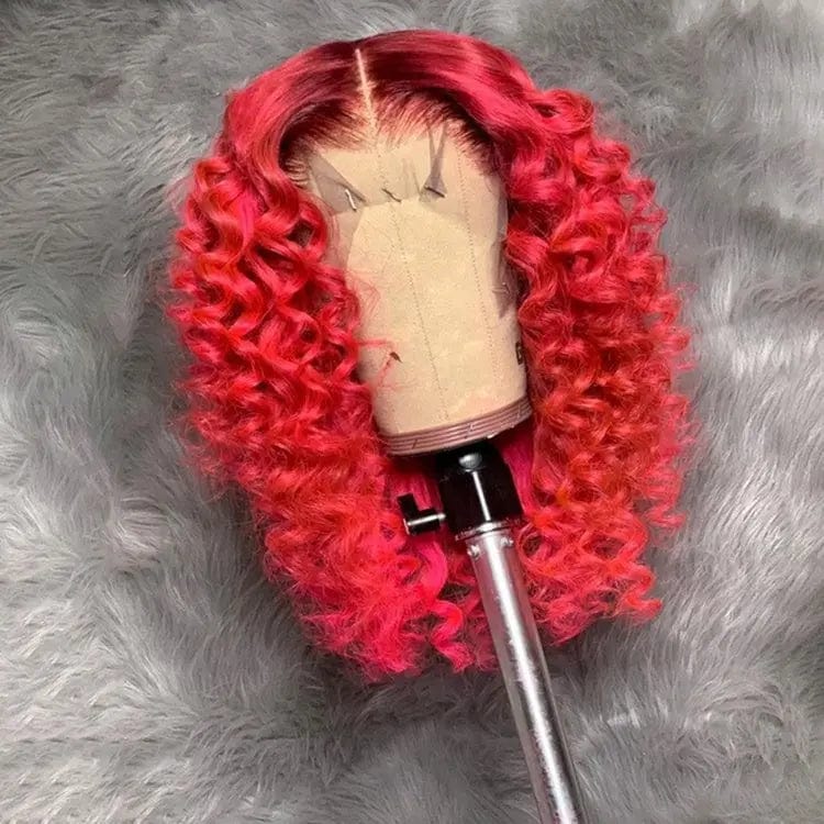 Ombre Yellow Red Blue Color Curly Bob Wigs