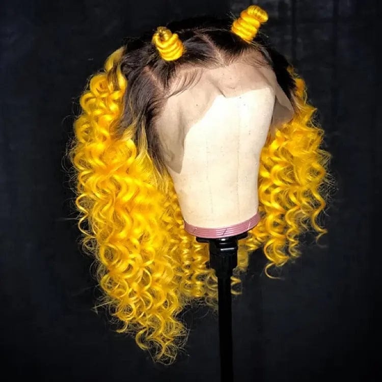 Ombre Yellow Red Blue Color Curly Bob Wigs