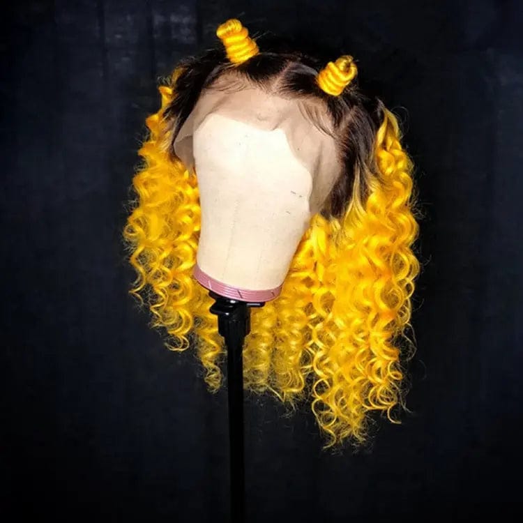 Ombre Yellow Red Blue Color Curly Bob Wigs