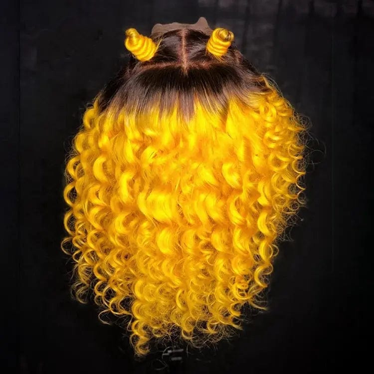 Ombre Yellow Red Blue Color Curly Bob Wigs