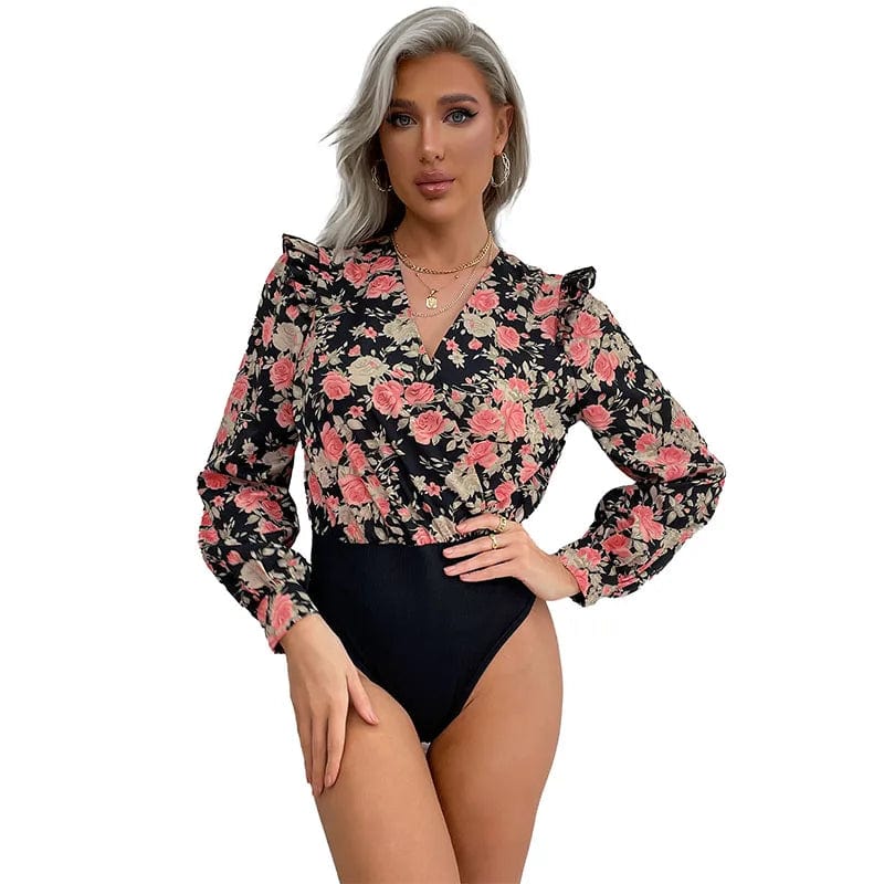 One Piece New Design Custom Floral Printed Fit Bodycon V Neck Bodysuit