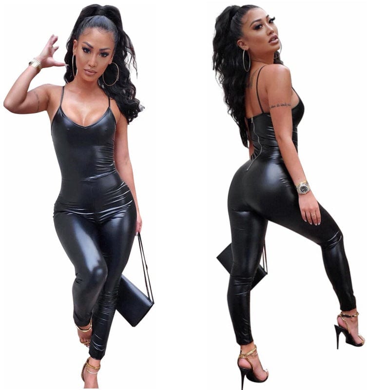 One Piece Sleeveless Sexy PU Romper Women Work Out Jumpsuit Fall Women Fashion Clothing