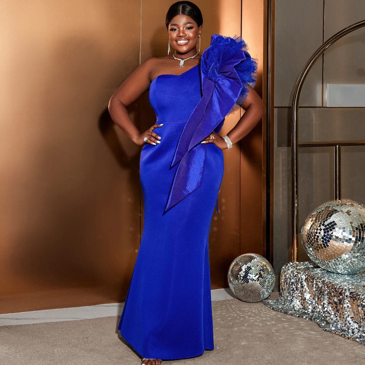 One Shoulder Ruffle Mesh Flower Fishtail Maxi Evening Dresses Women