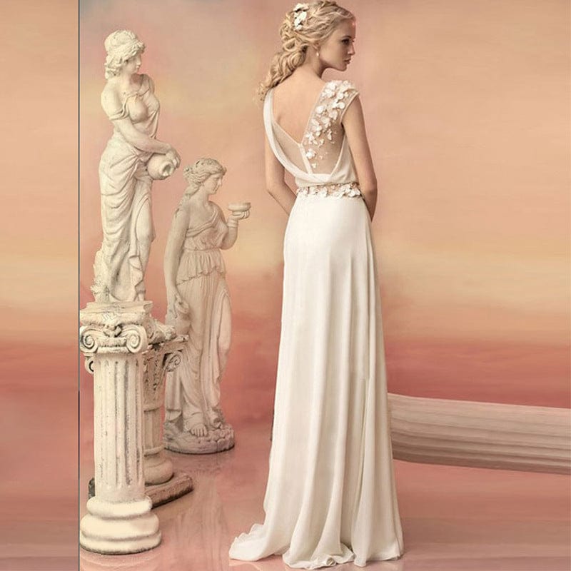 One Shoulder Side Slit Beading Chiffon Simple Wedding DressSleeveless Lace Spliced  Evening Dress drop shipping fulfill