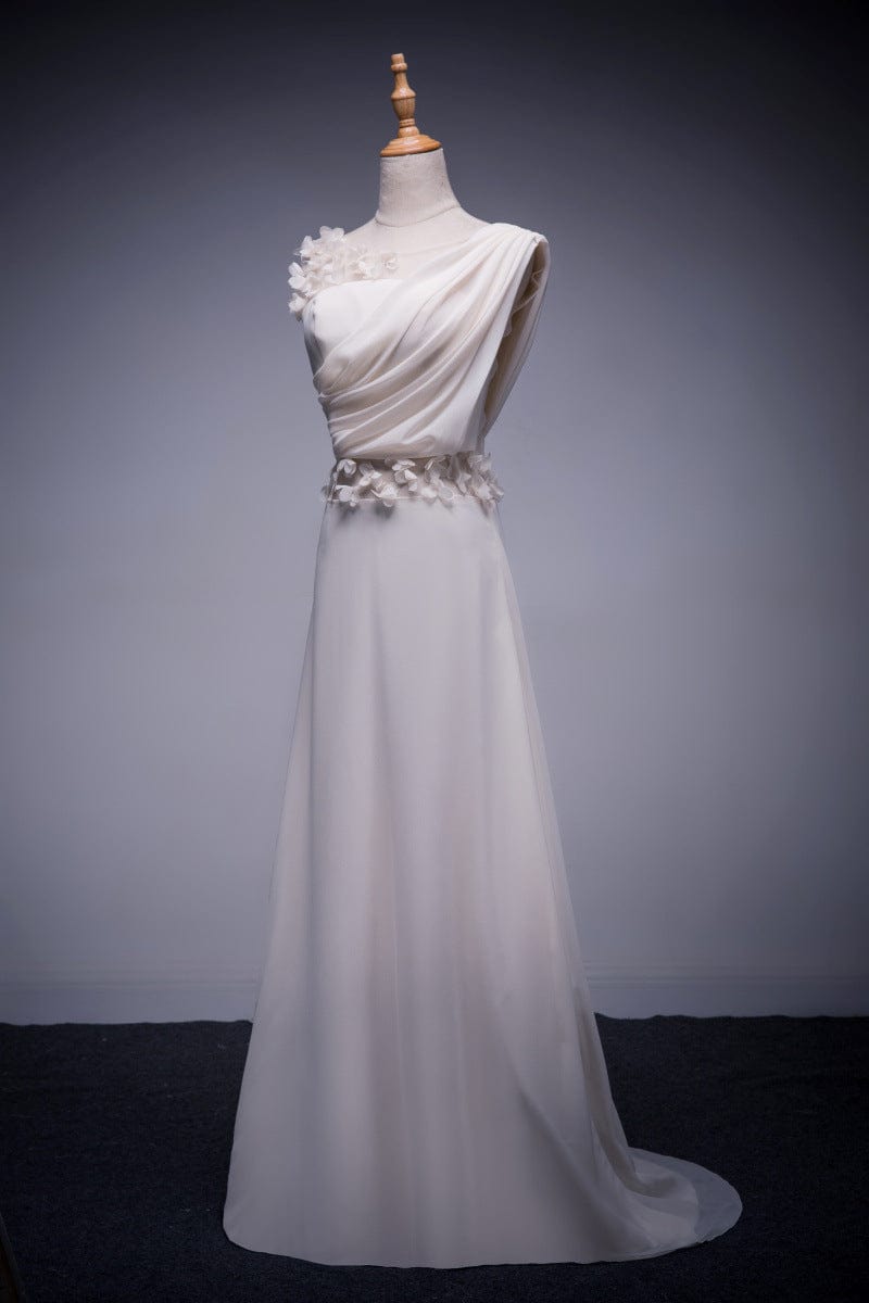 One Shoulder Side Slit Beading Chiffon Simple Wedding DressSleeveless Lace Spliced  Evening Dress drop shipping fulfill