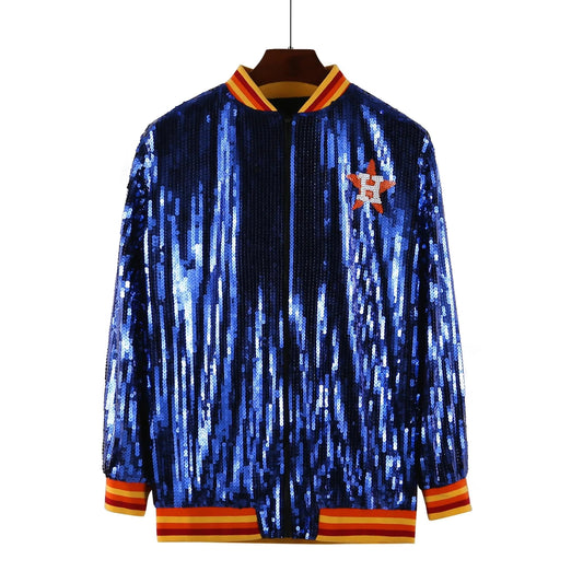 one size / 1 custom astros stand-up collar fashion short zipper coat sequins girl's plus size sports uniform women sequins jacket