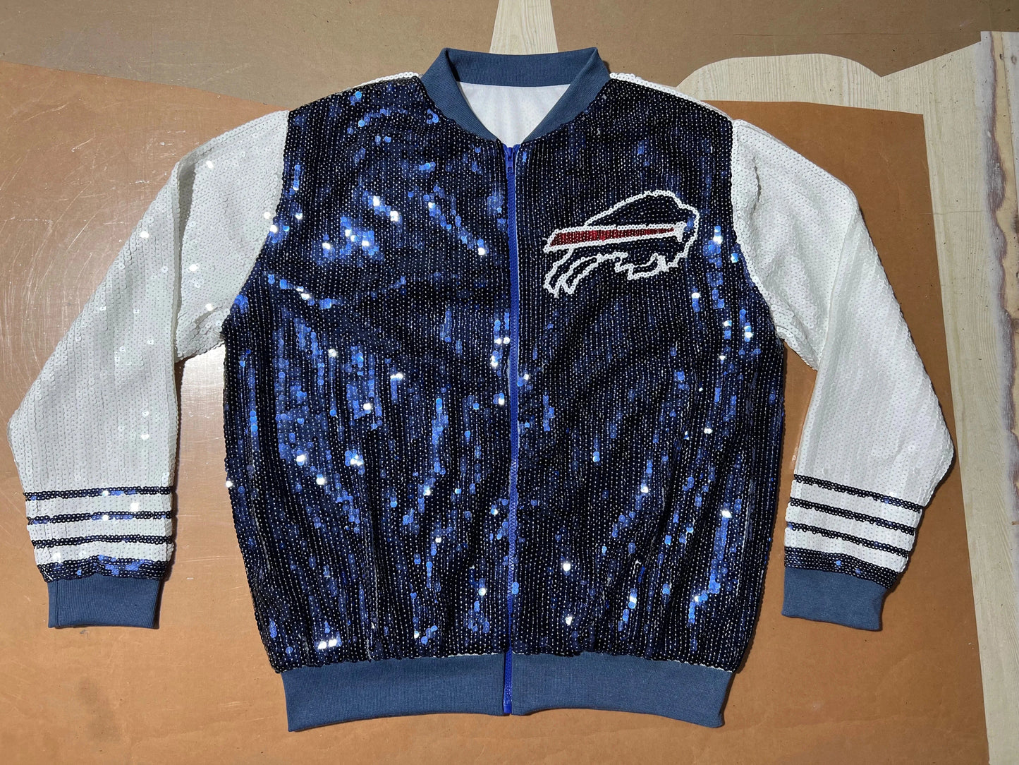 one size / 1 custom nfl bills stand-up collar fashion short zipper coat sequins girl's plus size sports uniform women sequins jacket