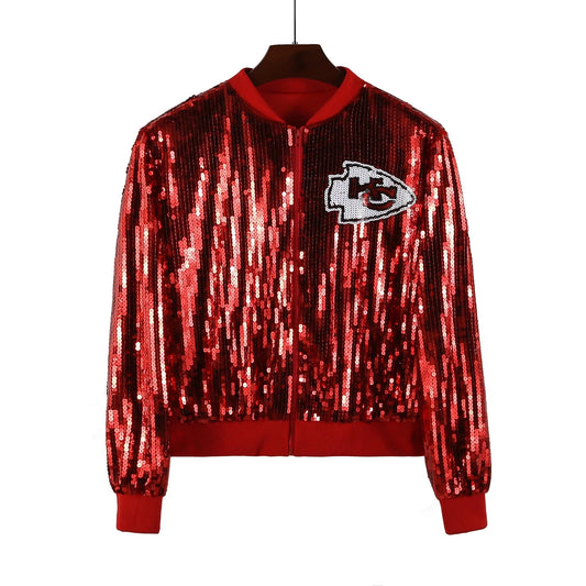 one size / 1 custom nfl chiefs stand-up collar sequins girl's plus size sports baseball uniform women sequins jacket