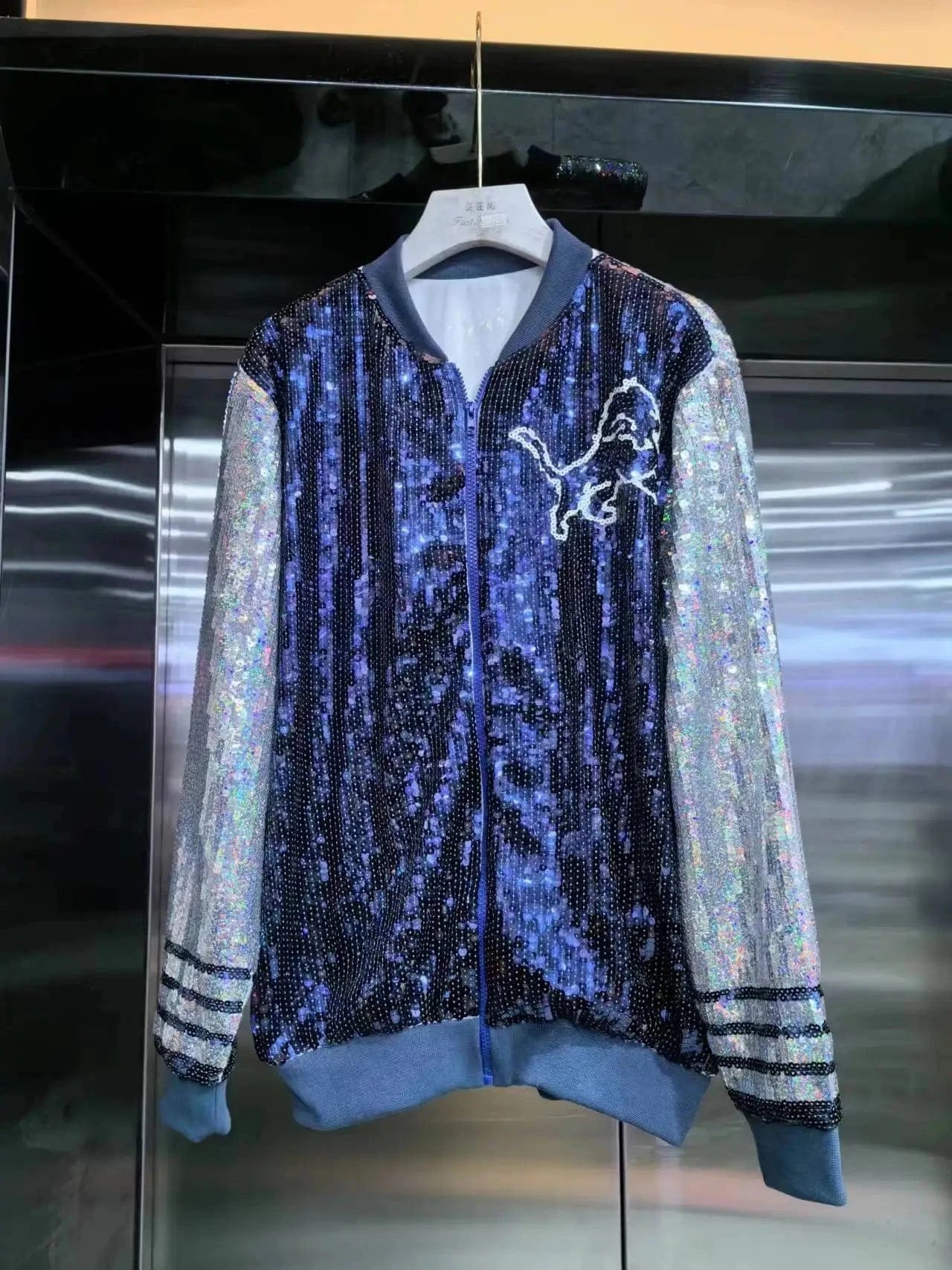 one size / 1 custom nfl lions stand-up collar fashion short zipper coat sequins girl's plus size sports uniform women sequins jacket