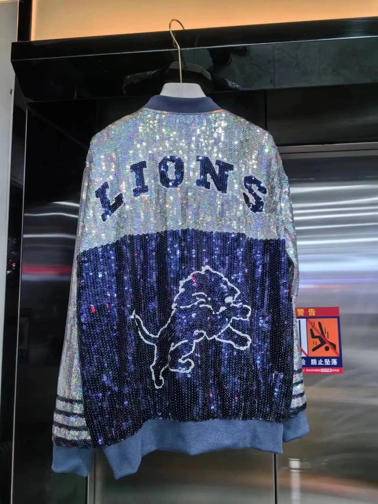 one size / 1 custom nfl lions stand-up collar fashion short zipper coat sequins girl's plus size sports uniform women sequins jacket