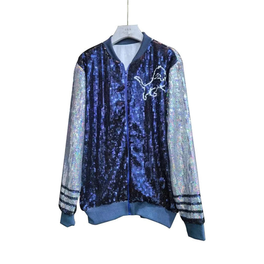 one size / 1 custom nfl lions stand-up collar fashion short zipper coat sequins girl's plus size sports uniform women sequins jacket