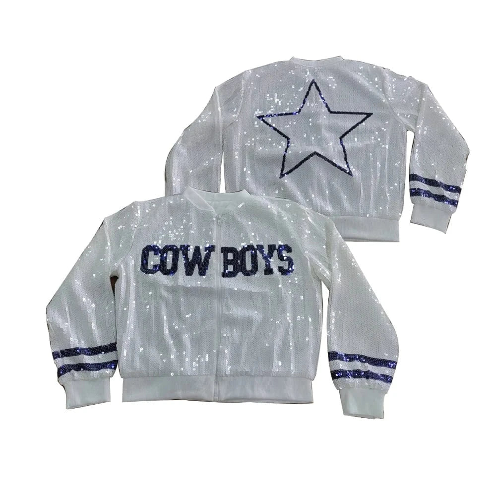 one size / 1 custom nfl white cowboys stand-up collar sequins girl's plus size sports baseball uniform women sequins jacket