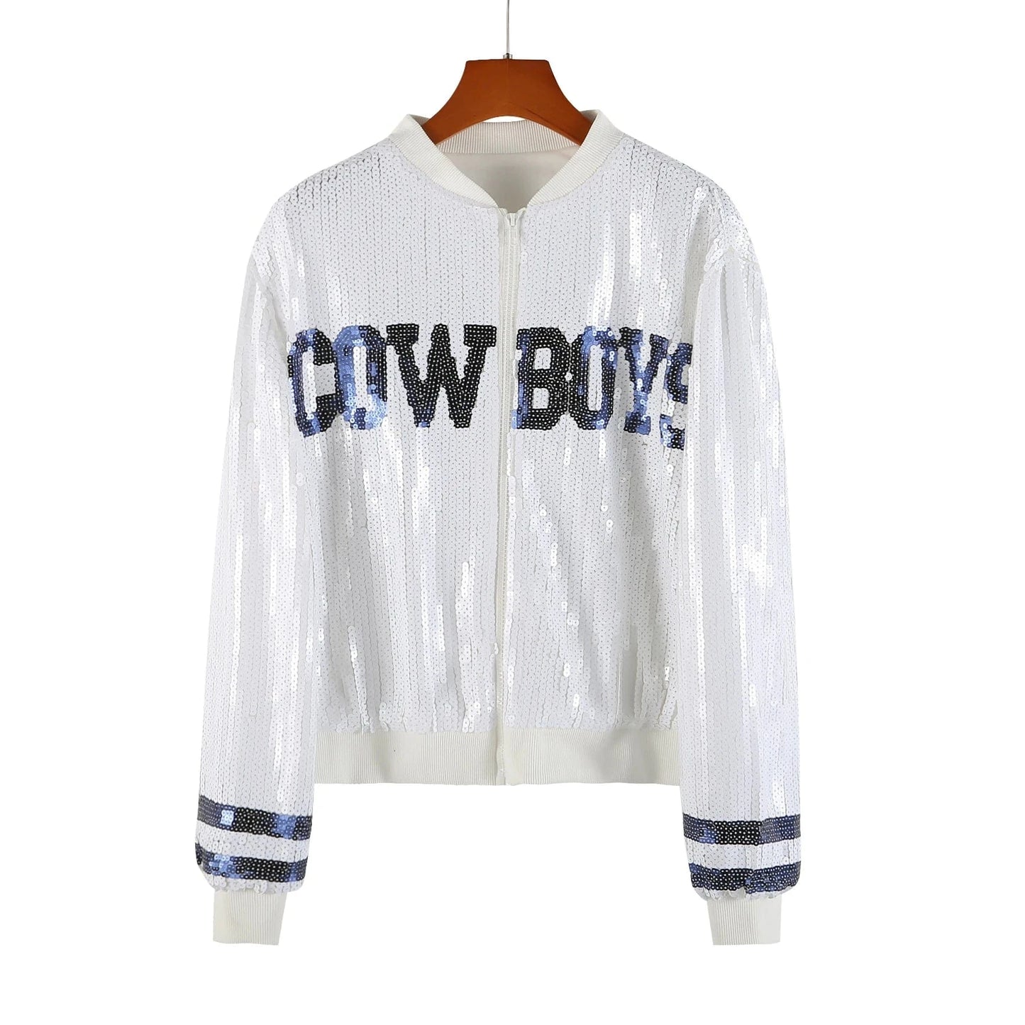 one size / 1 custom nfl white cowboys stand-up collar sequins girl's plus size sports baseball uniform women sequins jacket