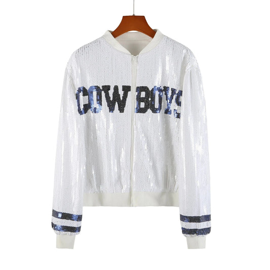 one size / 1 custom nfl white cowboys stand-up collar sequins girl's plus size sports baseball uniform women sequins jacket