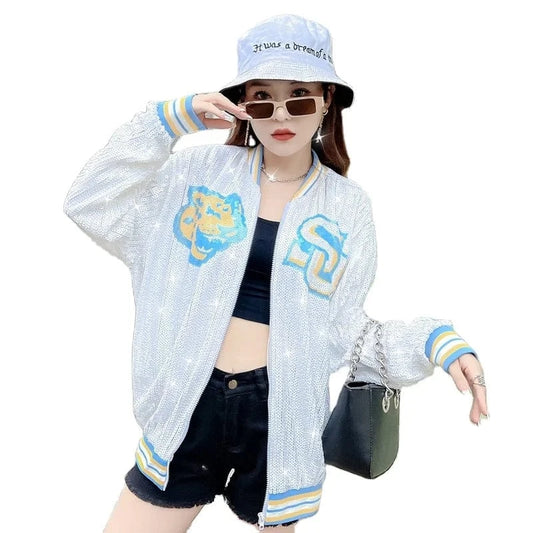one size / 1 custom stand-up collar southern jaguars zipper coat sequins girl's plus size sports uniform women sequins jacket
