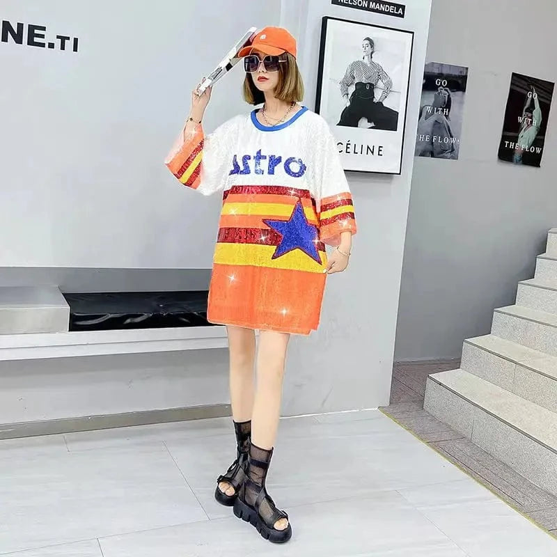 one size / 1 hot sale basketball Style  Party Dresses Sequin fashion casual dress Women sequins long t shirt dress
