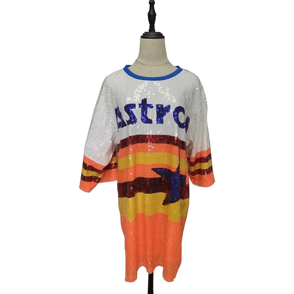 one size / 1 hot sale basketball Style  Party Dresses Sequin fashion casual dress Women sequins long t shirt dress