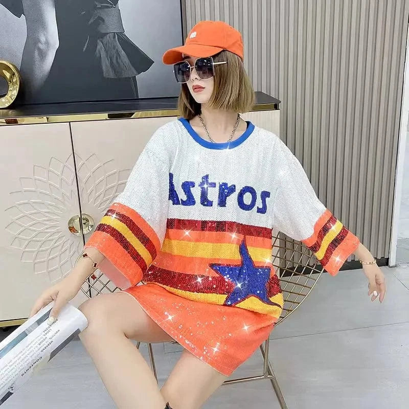 one size / 1 hot sale basketball Style  Party Dresses Sequin fashion casual dress Women sequins long t shirt dress