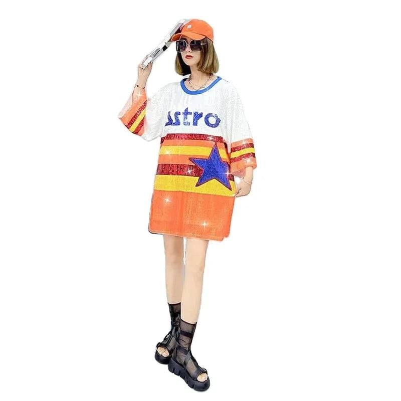 one size / 1 hot sale basketball Style  Party Dresses Sequin fashion casual dress Women sequins long t shirt dress