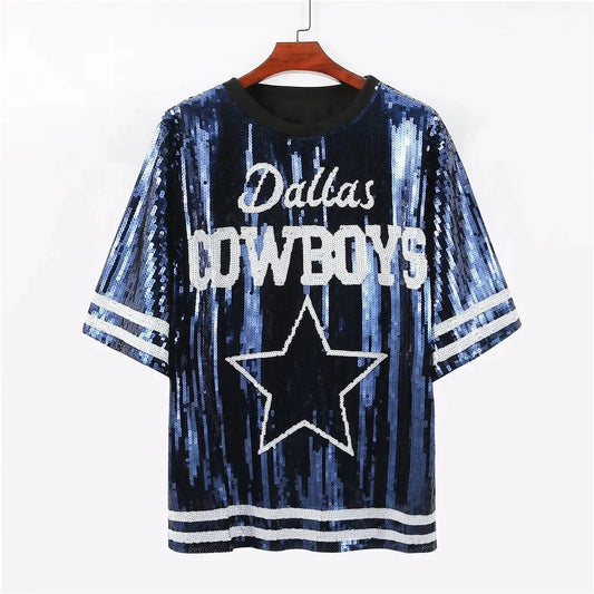 one size / 1 New Arrival nfl Style Blue Party Dresses Sequin Dallas Cowboys Dress Women sequins long t shirt dress